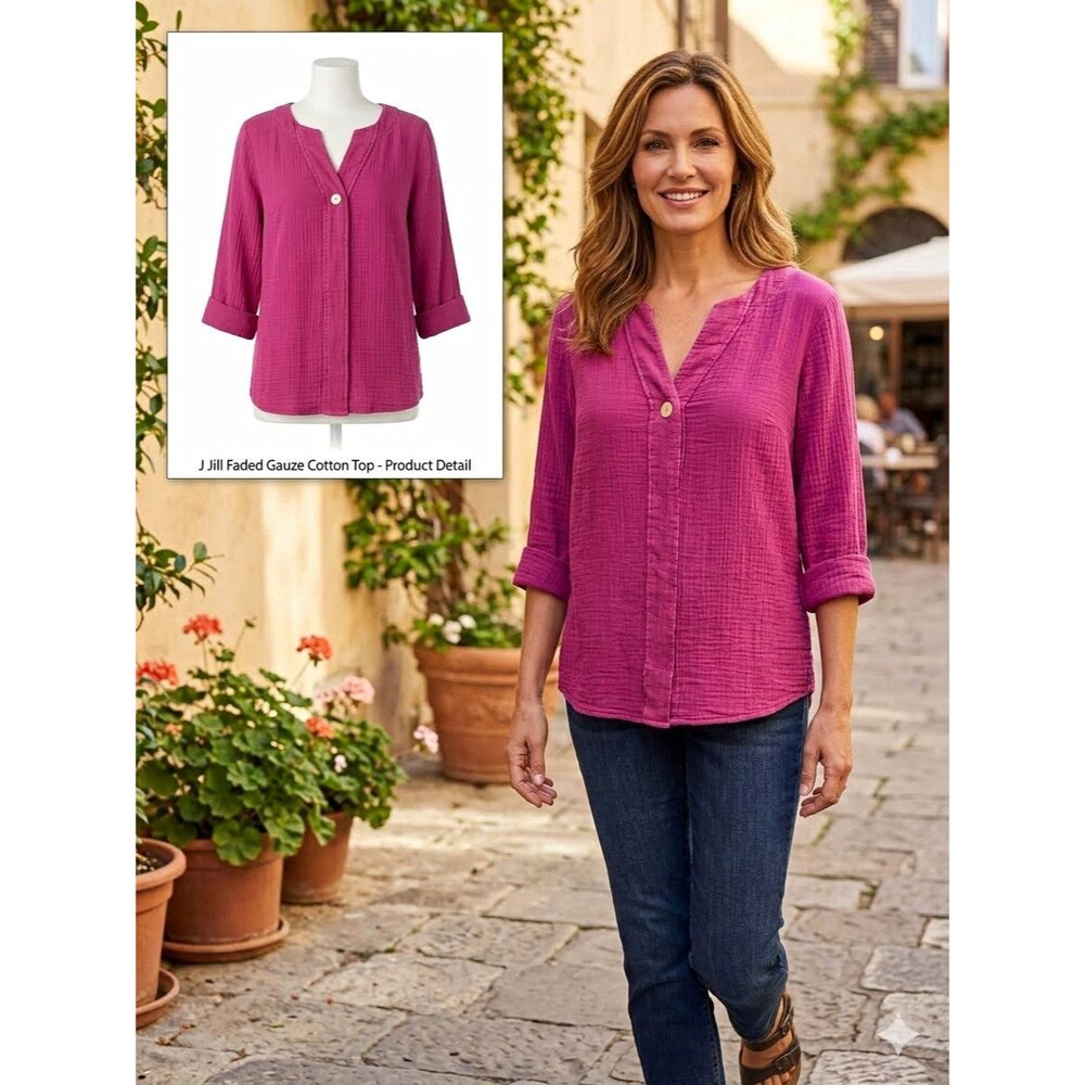 purejill Women’s PM Light Magenta 100% Gauze Cotton V-Neck 3/4 Sleeve Blouse
